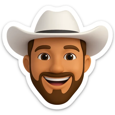 Edit the image to depict a man with a brunette goatee, tanned skin, wearing a white cowboy hat, smiling, in the style of 3D emoji. Remove the background completely. sticker