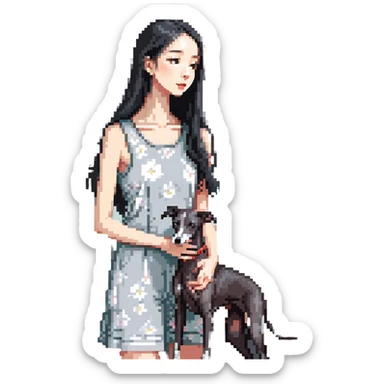 Slim Chinese woman with long black hair in a cute summer outfit with her completely solid grey Italian greyhound looking out a window on a sunny day, the dog has absolutely no white markings anywhere sticker