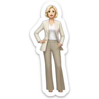 Full height Actively gesturing with hands pale skin woman with ash blonde Straightened bob Hair, White Spacious classical jacket, beige palazzo Arrow pants and gray blouse sticker