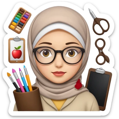 a hijab-wearing girl with glasses, surrounded by design tools, Apple emoji style sticker