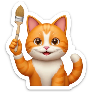 happy cat waving a paintbrush, cheerful, emoji style sticker