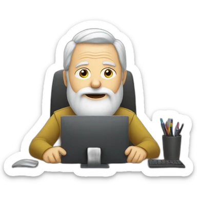 old man with beard sitting at desk with 3 monitors sticker