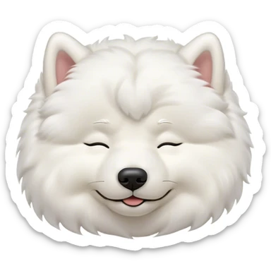 Meme-Worthy Cute Sleeping Samoyed Portrait Emoji, Head resting peacefully with a contented smile, showcasing a delightfully fluffy build and a luxuriously soft pure white Fur, eyes shut in a serene nap, Simplified yet hilariously adorable features, highly detailed, glowing with a soft, drowsy light, high shine, relaxed and utterly lovable, stylized with an air of playful laziness, bright and heartwarming, soft glowing outline, capturing the essence of a comically sleepy companion, so meme-worthy it feels like it could instantly become the next viral sensation of adorable slumber! sticker