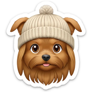 brown yorky dog with a hit hat sticker