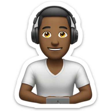 man with headphones sitting relaxed with a desk in front of him sticker