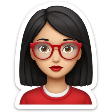 Morena girl with black hair in a pencil that creates a hun hairstyle. She has red glasses sticker