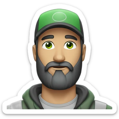 Man with green eyes and black hair and beard, gray caps sticker