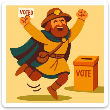 medieval pilgrim celebrating after voting, jumping with joy, vibrant toon style sticker