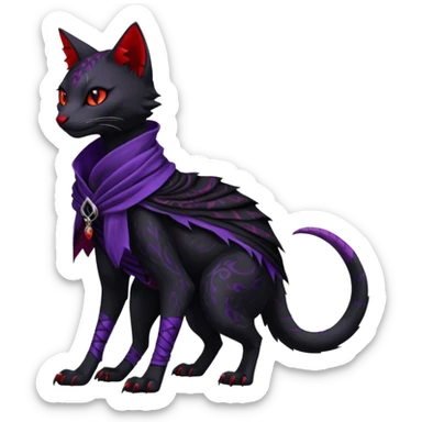 Kawaii feral, four-legged gothic dark badass black, red, purple, beautiful pretty elegant divine edgy feline-vernid-sergal-Trico-fursona-animal-creature, full body, with intricate detailed markings, silken shawl sticker