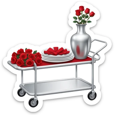 Room service trolley: A silver serving trolley with covered dishes, folded napkins, and a small flower vase. sticker