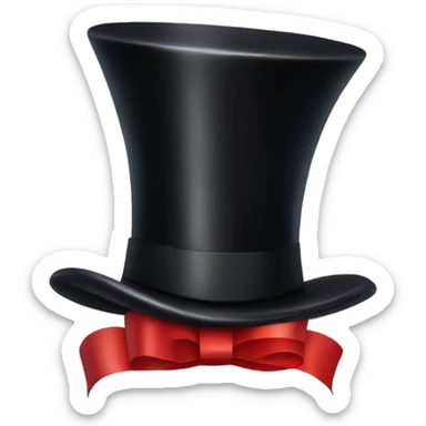 A black top hat displaying a red ribbon around the base. The ribbon forms a visible bow at the front, with the ends falling slightly over  sticker