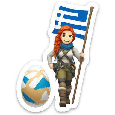 female winter mountaineer red hair holding greek flag and easter egg sticker