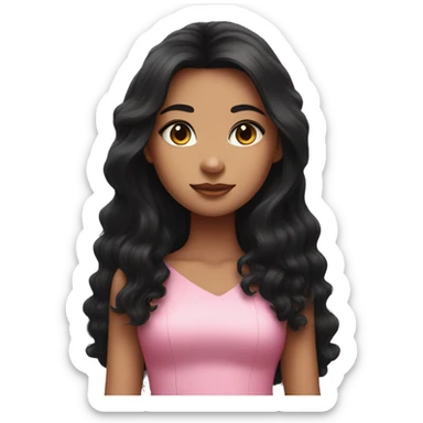 girl with long black hair in a pink dress with a black fluffy big cat sticker