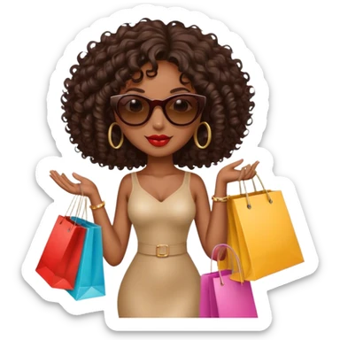 Rich dark brown girl with dark brown mid-length curly hair expensive retail shopping bags and sunglasses sticker