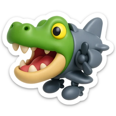 Create a 3D emoji-style version of a crocodile-airplane hybrid character. Keep the green crocodile head, airplane body, propeller, and bombs. The look should be playful and cartoonish. Remove the background. Use a 3D emoji style as reference for the design. sticker