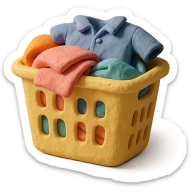 laundry basket with towels and shirts peeking out, pastel colors, claymation style sticker