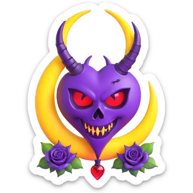 devil heart made of dark purple glass with twisted devil horns, spade tail, black roses entwined, crescent moon above, neon lightning, heavy rain, splintered glass sticker