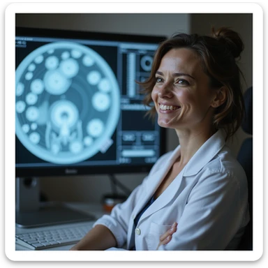woman with PCOS in medical office next to monitor showing enhanced oocytes, expression of relief and hope, realistic photography sticker