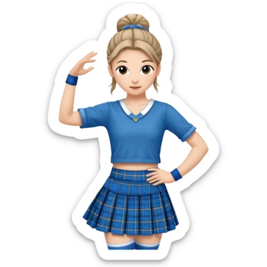 Female highland dancer with hair in bun wearing blue plaid kilt and dancing sticker