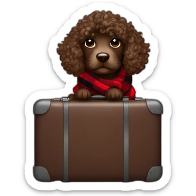 Chocolate colored doodle with wavy hair wearing a red and black flannel handkerchief with a carryon suitcase sticker