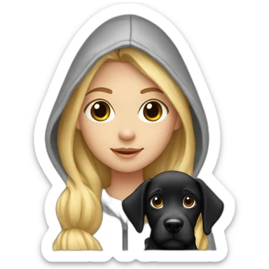 A blonde girl with smooth hair and a ray in the middle of his hair, she has light skin a few freckles, and she wear a hoodies and she Carries in his arms a baby black labrador dog  sticker