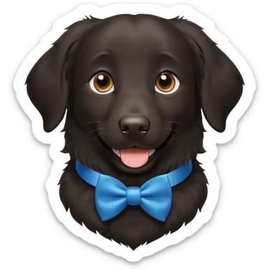 Black, flat-coated retriever, smooth fur with  fluffy ears, smiling face, blue bow tie collar, brown eyes sticker