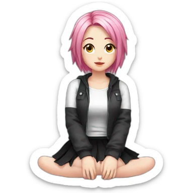 Full body Front view curvy emo girl pink hair sits on the floor straight view hands up black skirt белые трусики sticker