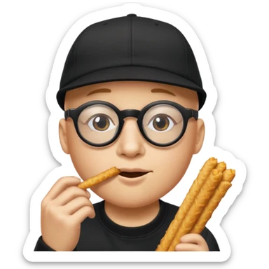num num eatting hashbrown sticks with a plain black cap and glasses no hair add the words Rollin' 18 to hat sticker