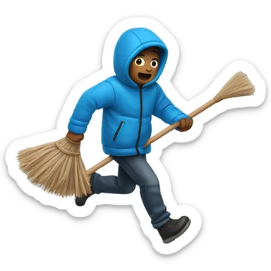 a scared boy wearing a blue puffer jacket running away holding a broom sticker