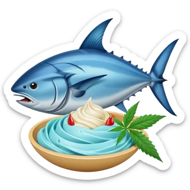 bluefin tuna in a gelato with cannabis leaf sticker