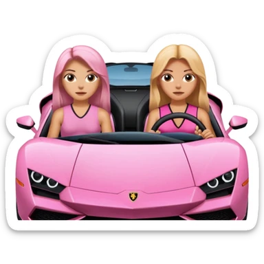 Make car far away so I can see full car Car facing forward in sports car. Make hair long  two girls in car far away Front of car sitting in the seats. Make it a pink sports car. They are two baddies make it a Lamborghini pink car  sticker