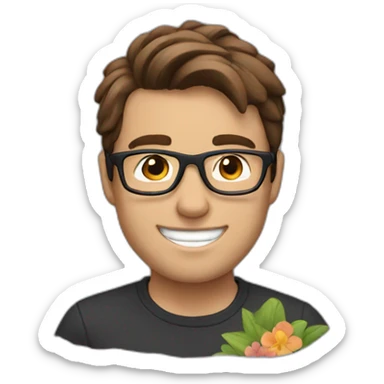 brown hair up guy with glasses and dark t-shirt with flowers print sticker