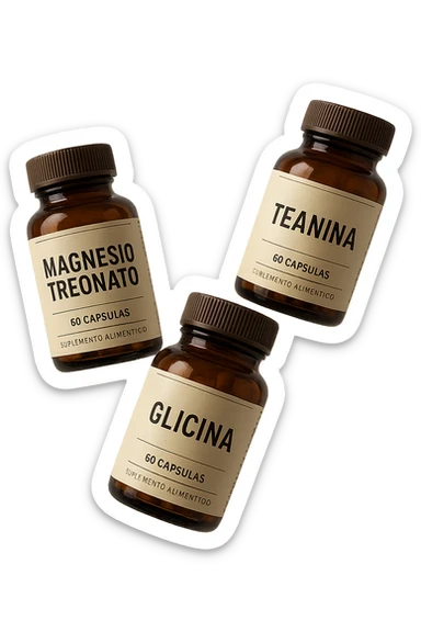 3 boccette di integratori: Magnesio Treonato, glicina, teanina, fluttuano in aria sticker