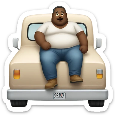 fat man sitting in the bed of a beige truck sticker