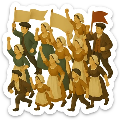 Add banners and flags to the 18th century crowd, isometric full body, period-appropriate clothing and hats, men, women, and children, dynamic arrangement, no background, no text. Maintain the style of the original image with an isometric perspective and detailed period clothing. sticker