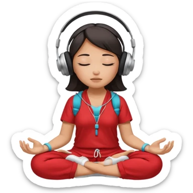 An East Asian woman🧘🏻‍♀️ is sitting cross-legged in a meditation pose, wearing Apple headphones🎧 and listening to music. The song is so beautiful that she has her eyes closed and tears streaming down her face. sticker