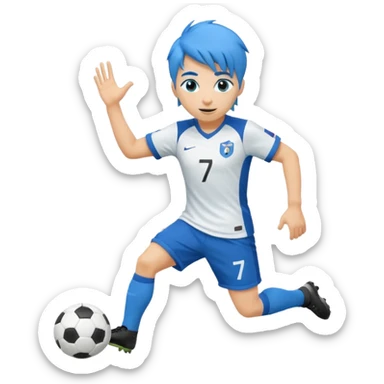 Stwórz emoji przedstawiające piłkarza ⚽ z niebieskimi włosami 💙, w koszulce z numerem 7 👕7, dynamiczna poza, energia i ruch ✨🔥 sticker