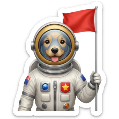 golden retriever standing in space suit holding red rectangle flag sticker