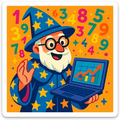 finance wizard character holding a laptop with a finance chart on the screen and flying numbers, vibrant and magical style sticker
