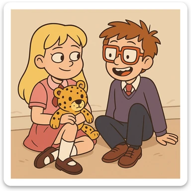 A Girl yellow hair Baby dresses pink school uniform white knee highs sock brown loafer girls shoes plushie Cheetah a boy orange glasses with shirt pjumper purple a pink red tie shoe sticker
