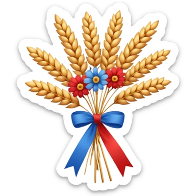 Create a clean, friendly emoji-style illustration of a Didukh, the traditional Ukrainian Christmas sheaf made of golden wheat.
The Didukh should look warm and festive, with neatly tied wheat stalks, a simple red-and-blue ribbon, and small decorative dried flowers.

 sticker