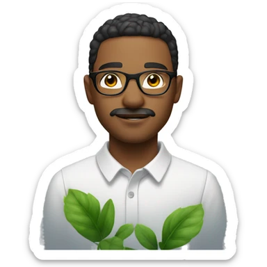 A young man with short, dark, slightly wet-looking hair, a trimmed mustache, and stubble. He wears round glasses that frame his focused eyes. The background has a frosty white blur effect, with a green plant behind him. sticker