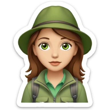 woman hiking in the woods in the sunshine. light face and green eyes. wearing a hat, brown hair sticker