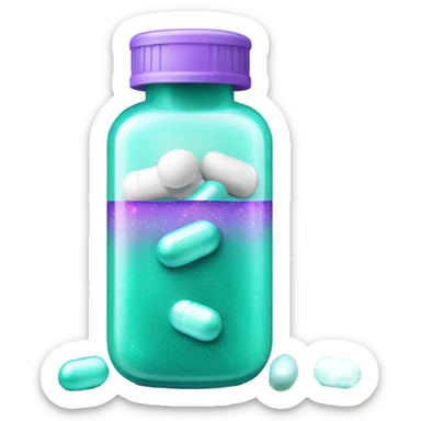 white pill bottle with teal medicine capsule, sparkles and texture light purple sticker