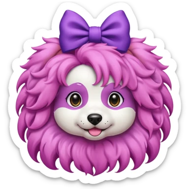 dog with pink long curly hair and purple bow on head sticker