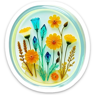 Epoxy resin art icon, jewelry and decorative items made with fluorescent epoxy resin, glowing effect on the resin, finished resin jewelry with dried flowers embedded inside, visible tubes of resin with bright colors, mixing tools, and molds, minimalistic style, clean lines, transparent background sticker