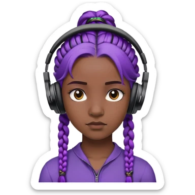 "- Nữ
- 15 tuổi
- Da đen
- Tóc tết, màu tím
- Mặt nghiêm túc
- Đeo tai nghe đen
" sticker