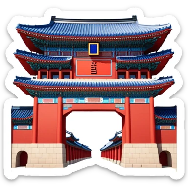 ​Cinematic Realistic Gwanghwamun Gate, depicted as a majestic historic gateway with traditional Korean architectural details, vibrant red and blue accents, and intricate carvings, set against a backdrop of modern Seoul under dynamic, natural lighting that highlights its timeless grandeur, sticker