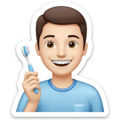 person brushing their teeth, smiling, holding a toothbrush, simple and expressive sticker