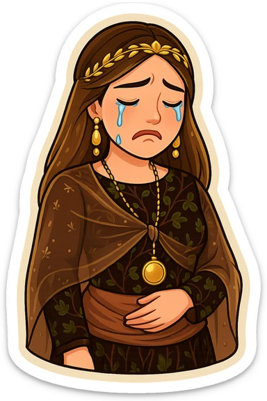 Kurdish cartoon sticker of the same woman in the new dress, crying with tears streaming down, sad face, no text, transparent background sticker